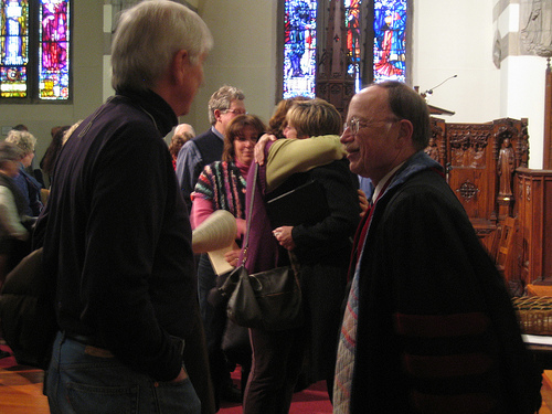 Former interim minister John Nichols greeted the congregation after a service. After a Service