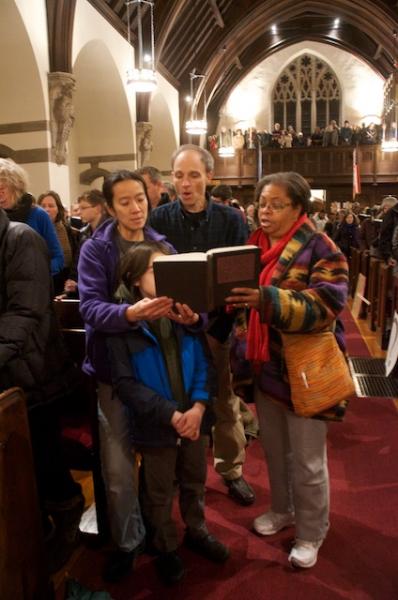 At the end of the march, the group gathered and sang in FUSN's sanctuary. singers in sanctuary